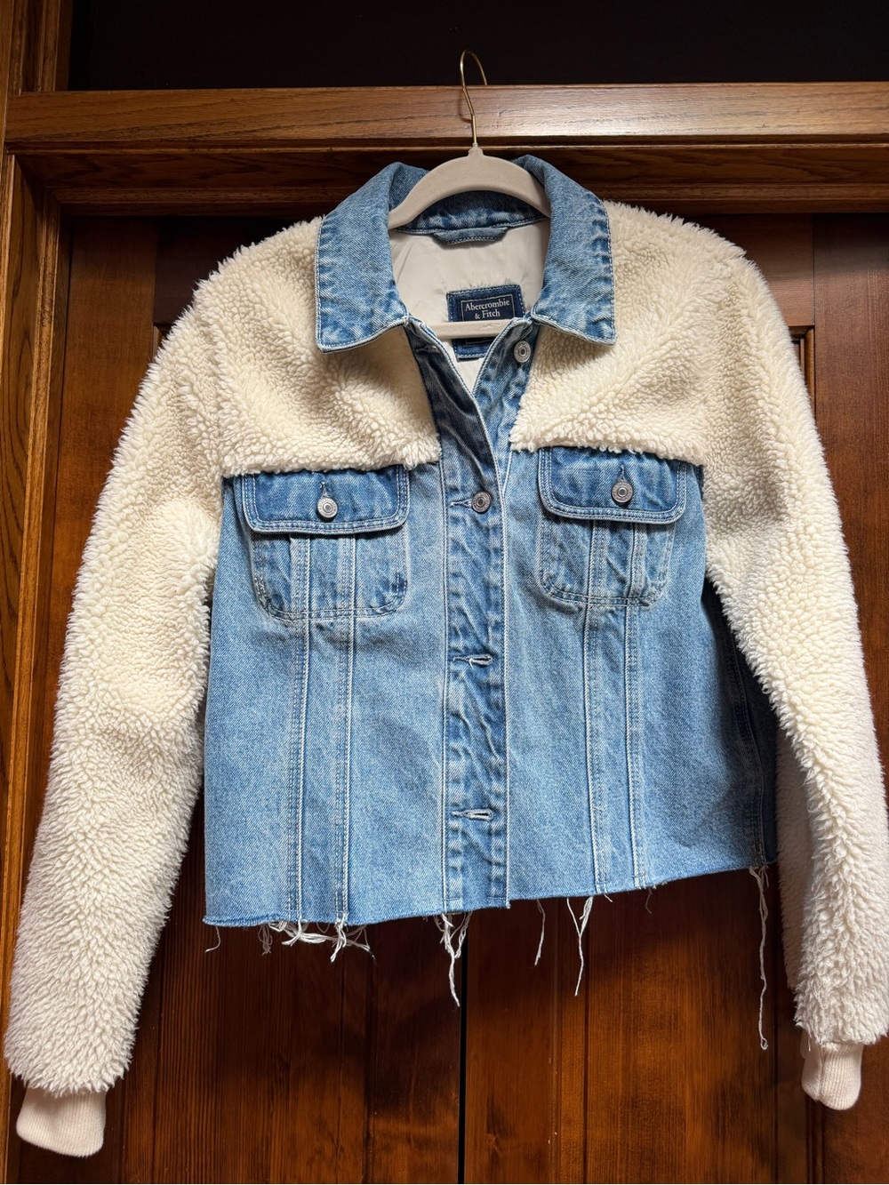 Abercrombie & Fitch Light Blue Denim Jacket with Sherpa Trim, Size Large